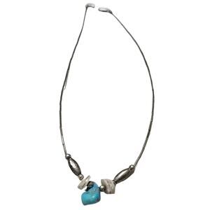 1970s Sterling Silver Liquid + Shell Beads + Turquoise Stone Necklace